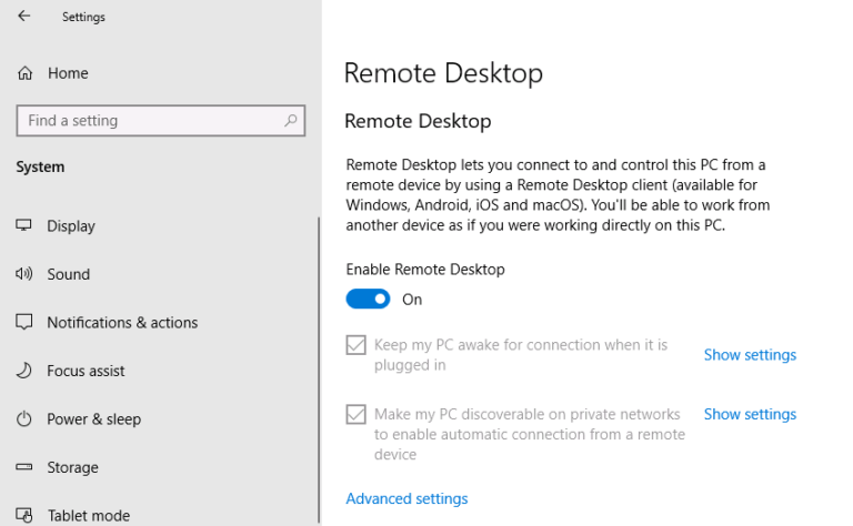 enable remote desktop on windows 10 pro